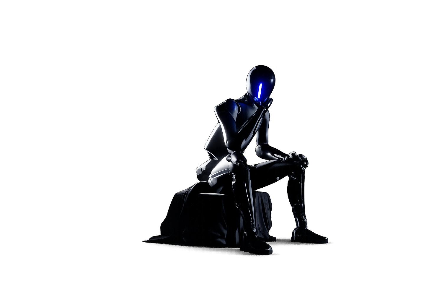 TR-series humanoid robot seated in a thinking pose, its visor glowing blue